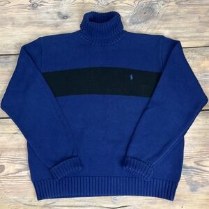 VTG Polo Ralph Lauren Turtleneck Sweater Mens L Blue/Black Stripe 100% Cotton